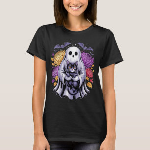 Womens Spooky Ghost Cats Floral Pumpkin Cute Black T-Shirt