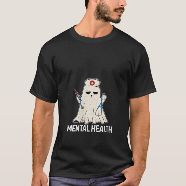 Womens Spooky Mental Health Nurse Boo Ghost Hallow T-Shirt (Front)