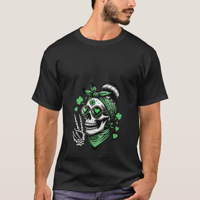 Womens St Patricks Day Skull Messy Bun Saint Patty T-Shirt (Front)