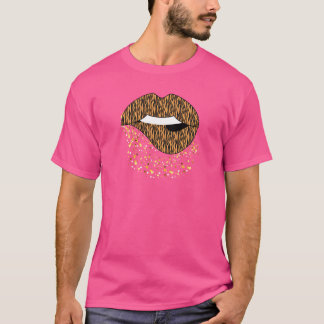 Womens Stripe Print Dripping Lips Kiss T-Shirt