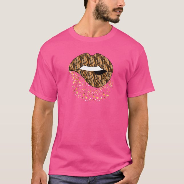 Womens Stripe Print Dripping Lips Kiss T-Shirt (Front)