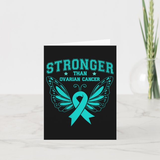Womens Stronger Then Cancer Teal Butterfly Ovarian Card (Front)