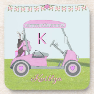 Women's Stylish Pink Golf Cart Monogram Name Coaster
