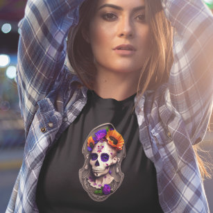 Womens Sugar Skull - Purple & Orangs Creepy Skull T-Shirt