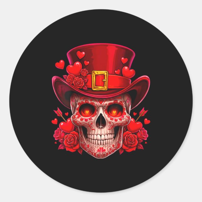 Women's Sugar Skull Valentine Cud Red Roses Couple Classic Round Sticker (Front)