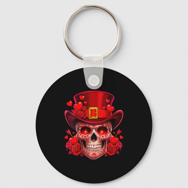 Women's Sugar Skull Valentine Cud Red Roses Couple Key Ring (Front)