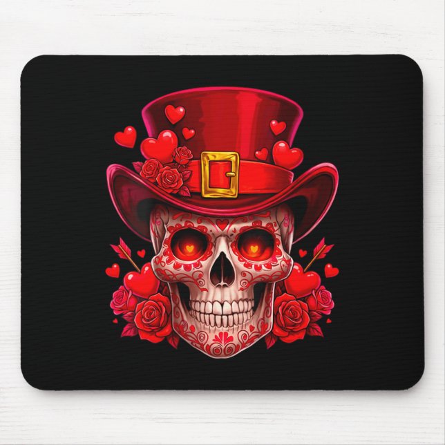 Women's Sugar Skull Valentine Cud Red Roses Couple Mouse Mat (Front)