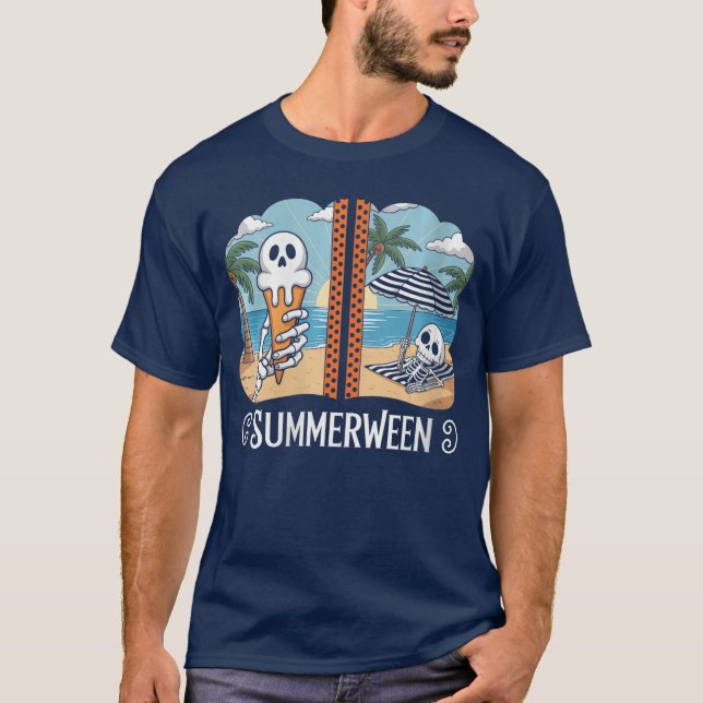 Womens Summerween Skeleton Ghost Beach Party Hallo T-Shirt (Front)