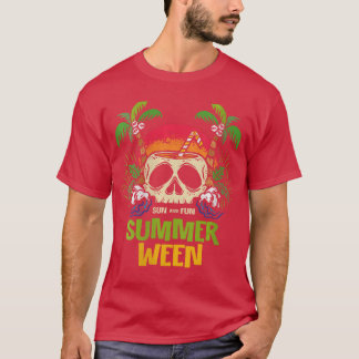 Womens Summerween Vibes Skeleton Plam Trees Island T-Shirt