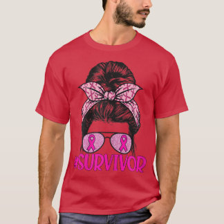 Womens Survivor Messy Hair Bun Pink Ribbon Breast  T-Shirt
