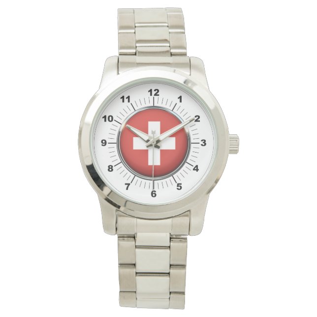 Women's Switzerland Flag Oversized Silver Watch (Front)
