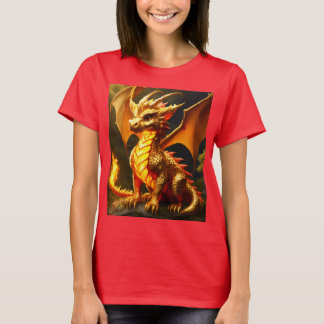 Women's T-Shirt with Fluffy Gold and Fire Dragon