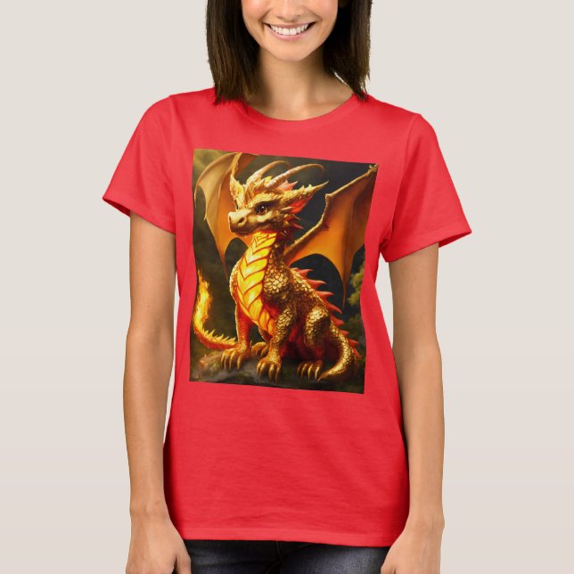 Women's T-Shirt with Fluffy Gold and Fire Dragon (Front)