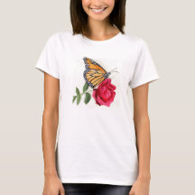 Women's T-shirt with Monarch Butterfly on Red Rose