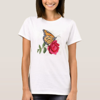 Women's T-shirt with Monarch Butterfly on Red Rose
