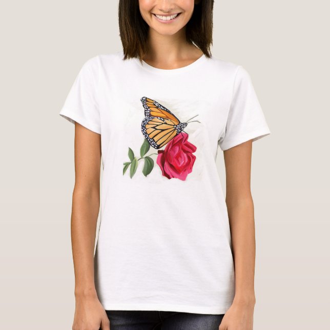 Women's T-shirt with Monarch Butterfly on Red Rose (Front)