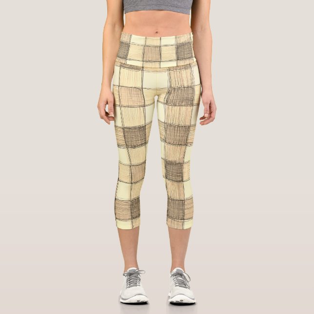 Women's tan and khaki Gingham Capri leggings (Front)