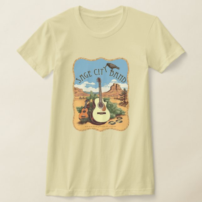 Women's tee featuring a Sage City band design. (Laydown)