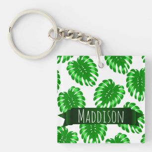 Womens Teen Girls Green Tropical Leaf Personalised Key Ring