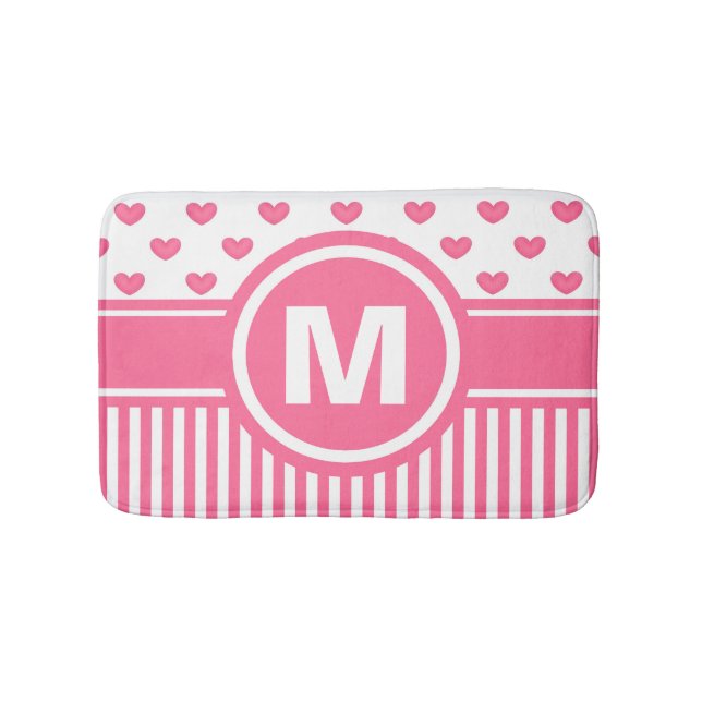 Women's Teen Girls Personalised Pink Striped Heart Bath Mat (Front)
