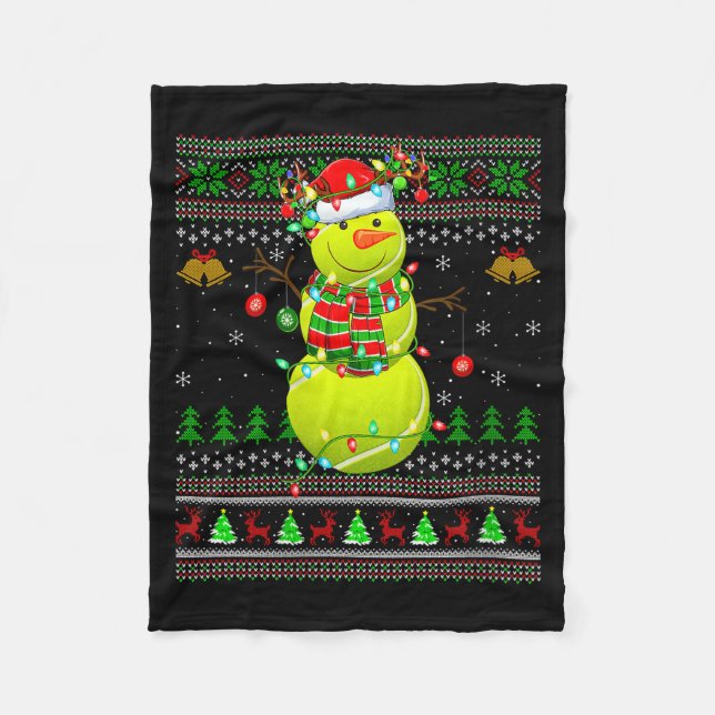 Womens Tennis Ball Snowman Ugly Christmas Sweaters Fleece Blanket (Front)