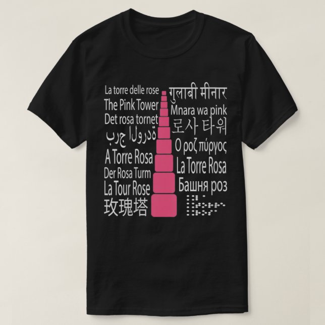 Womens The Montessori pink tower  different langua T-Shirt (Design Front)