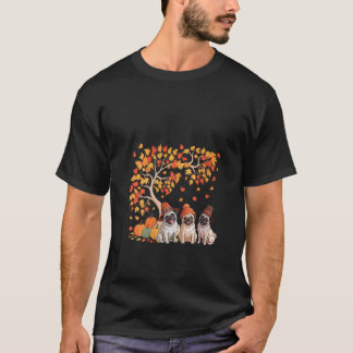 Womens Three Cute Pugs Pumpkins Under Fall Tree Th T-Shirt