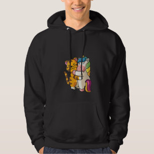 Womens Tiger and Unicorn Cute Zoo Animals Hugging  Hoodie