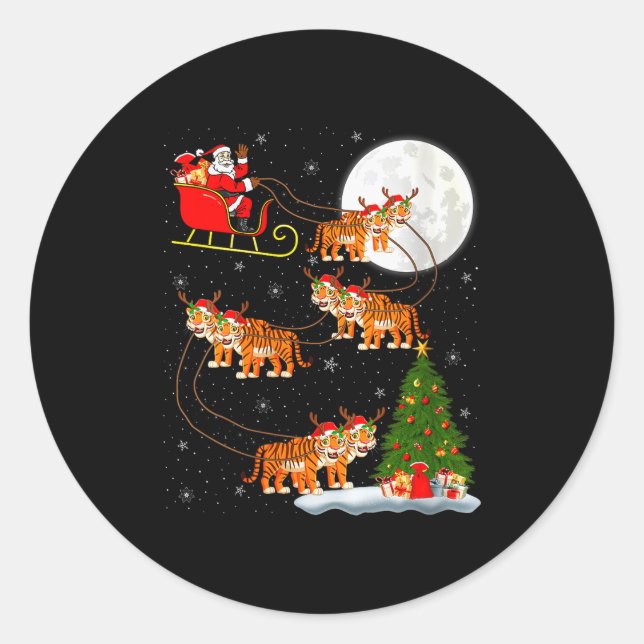 Womens Tiger Santa Sleigh Flying Funny Magical Chr Classic Round Sticker (Front)