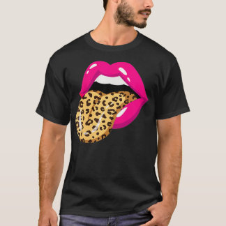 Womens Tongue Out Leopard Print Teeth Mouth Lips V T-Shirt