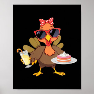 Womens Turkey Drinking Coffee Bow Turkey Day Thank Poster