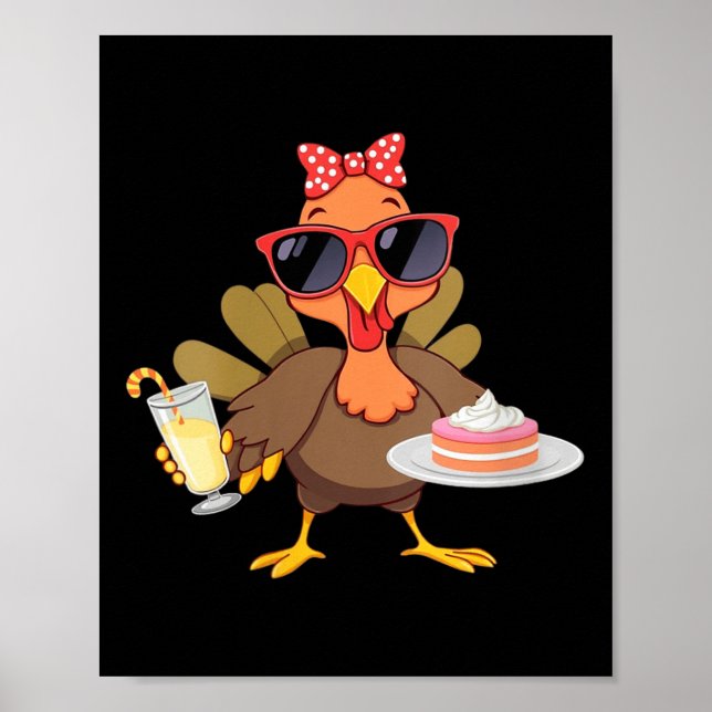 Womens Turkey Drinking Coffee Bow Turkey Day Thank Poster (Front)