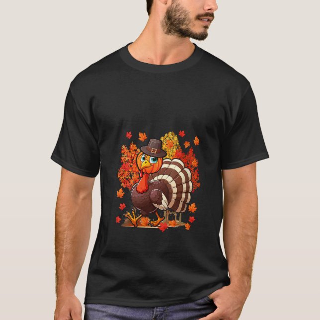 Womens Turkey Pumpkin Face Thanksgiving Fall Tree  T-Shirt (Front)