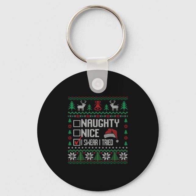Womens Ugly Christmas List Funny Nice Naughty I Sw Key Ring (Front)