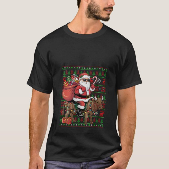Womens Ugly Xmas Lights Funny Santa Riding Cattle  T-Shirt (Front)
