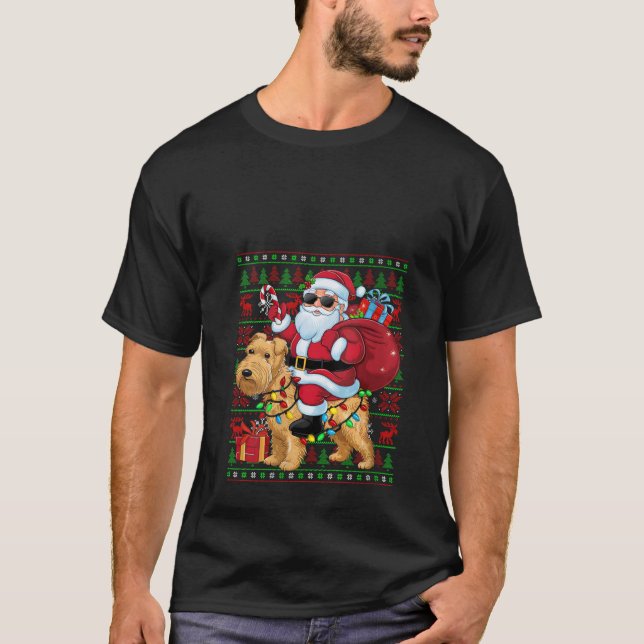 Womens Ugly Xmas Lights Santa Riding Wheaten Terri T-Shirt (Front)