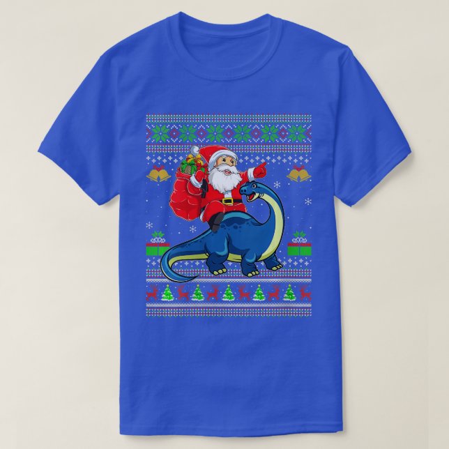 Womens Ugly Xmas Santa Riding Brontosaurus Dinosau T-Shirt (Design Front)