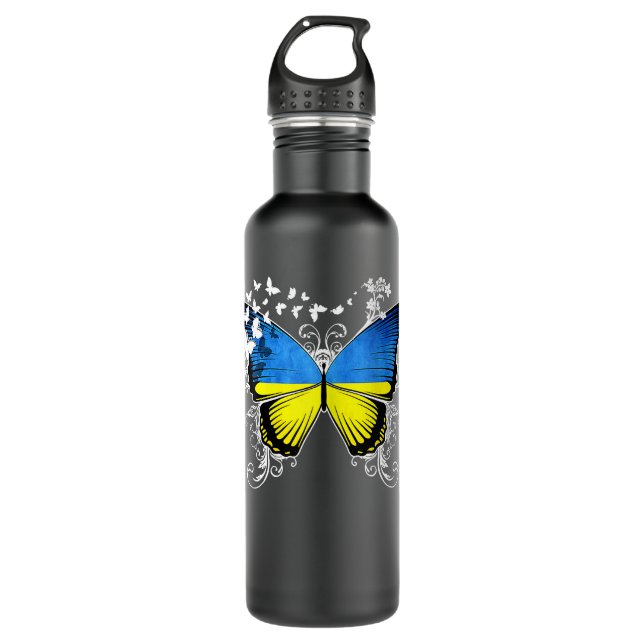 Womens Ukraine Flag Ukrainian Butterfly  710 Ml Water Bottle (Front)