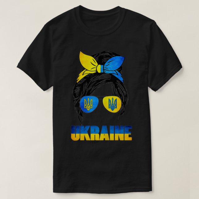 Womens Ukraine Messy Bun Hair Wearing Ukraine Flag T-Shirt (Design Front)