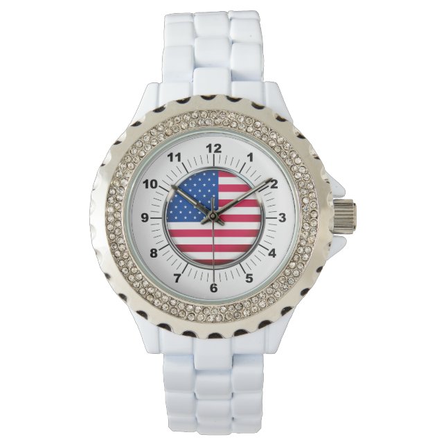 Women's USA Flag Rhinestone White Enamel Watch (Front)