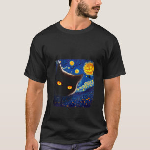 Womens Van Gogh Starry Night Cat Halloween Black C T-Shirt