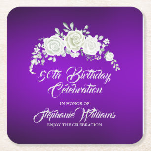 Women's Vintage Purple White Rose 50th Birthday Square Paper Coaster