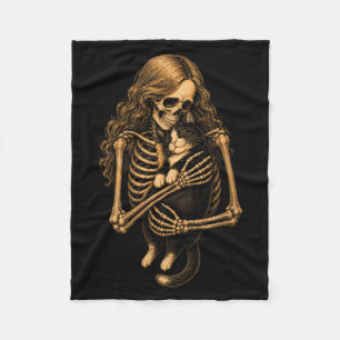 Womens Vintage Skeleton Hugging Tuxedo Cat Fleece Blanket