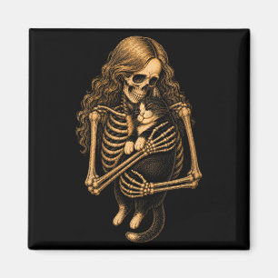 Womens Vintage Skeleton Hugging Tuxedo Cat Magnet