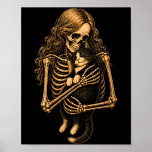 Womens Vintage Skeleton Hugging Tuxedo Cat Poster