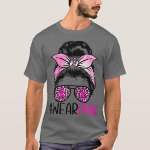 Womens Wear Pink Ribbon Cute Messy Bun Breast Canc T-Shirt