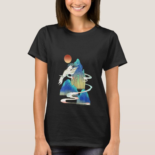 Womens White Bird Snow Crane Sunset Chinese Painti T-Shirt (Front)