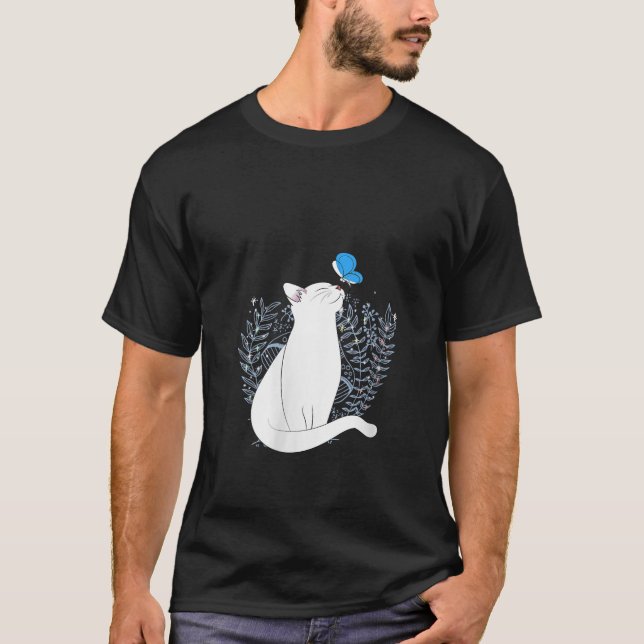 Womens White Cat and Blue Butterfly Animal Whimsic T-Shirt (Front)