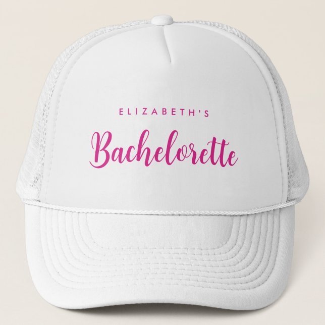 Womens White & Hot Pink Bachelorette Bridal Party Trucker Hat (Front)