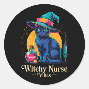 Womens Witchy Nurse Vibes Black Cat Halloween _ Classic Round Sticker